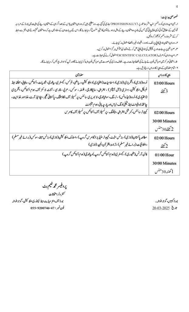 2nd year date sheet gujranwala board 2025